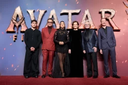 From left, Jamie Flatters, Jemaine Clement, Oona Castilla Chaplin, Sigourney Weaver, Stephen Lang and David Thewlis pose for photographers upon arrival at the UK premiere for the film “Avatar: Fire and Ash” in London, England, Thursday, Dec. 11, 2025. (Photo by Scott A Garfitt/Invision/AP)