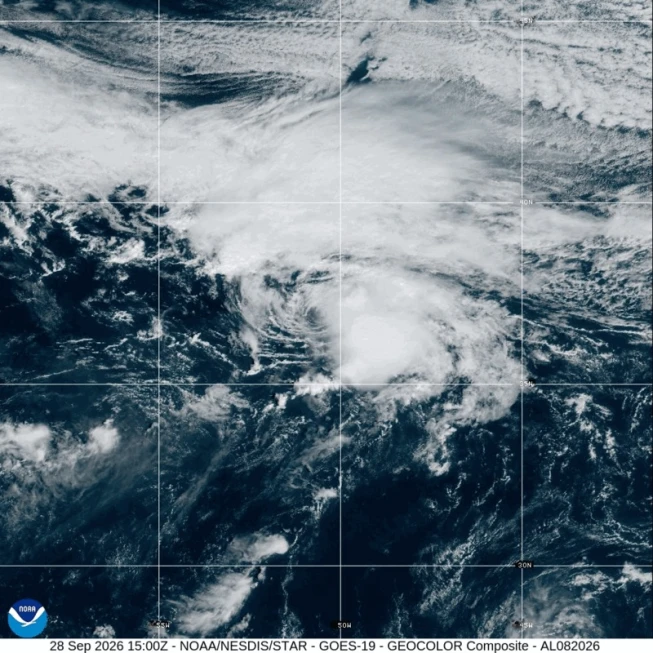 In this satellite image released by NOAA, Tropical Storm Hanna gathers in the Atlantic Ocean, Monday, September 28, 2026. Photo - (NOAA via AP)