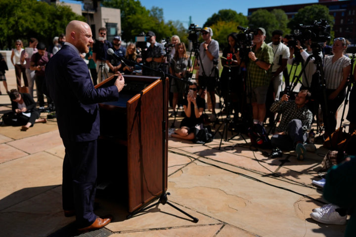 Luke Ihnen, attorney for Christa Pike, speaks during a news conference after a judge ruled the Tennessee Department of Corrections must preserve all evidence related to the failed execution of Pike, Wednesday, Oct. 7, 2026, in Nashville, Tenn. (AP Photo/George Walker IV)